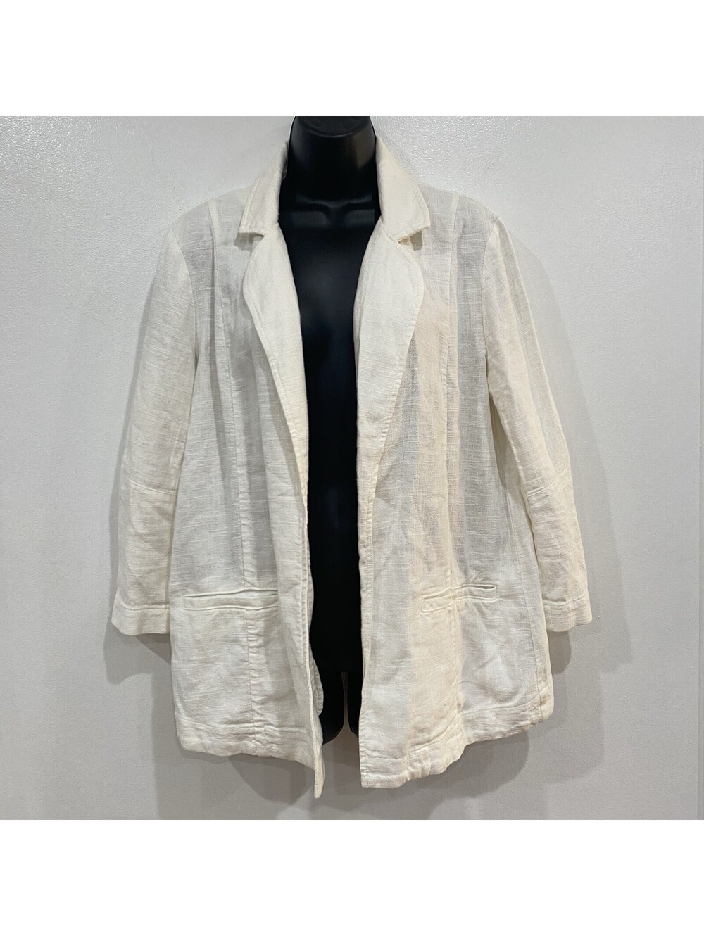 Anthropologie Size 6 Linen Blend Open Front Blazer Tulip Hem Back Jacket Coastal